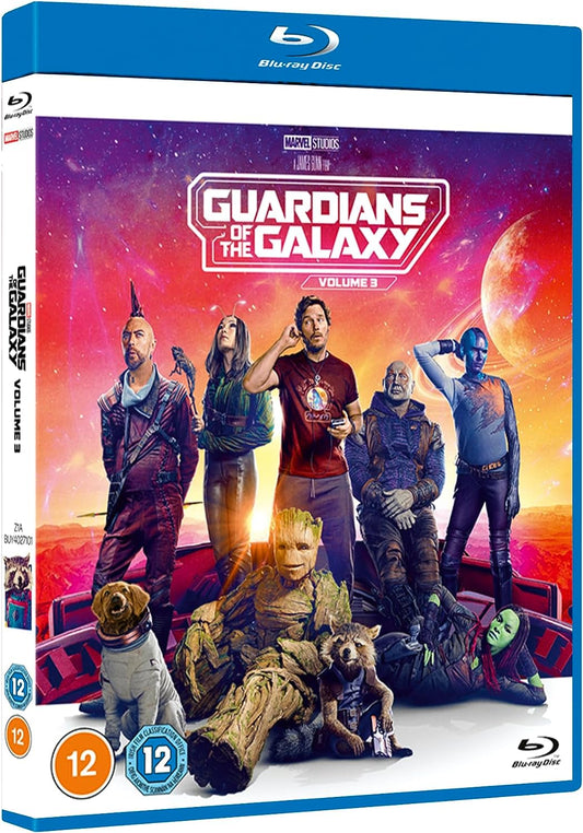 Blu-ray disc with Guardians of the Galaxy Vol.3 cover art featuring superhero characters.