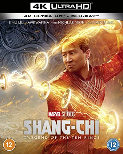 Shang-Chi movie cover featuring Simu Liu with glowing rings, 4K UHD Blu-ray.