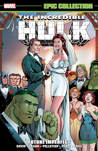 Comic book cover: The Hulk at a wedding, with guests in formal wear.