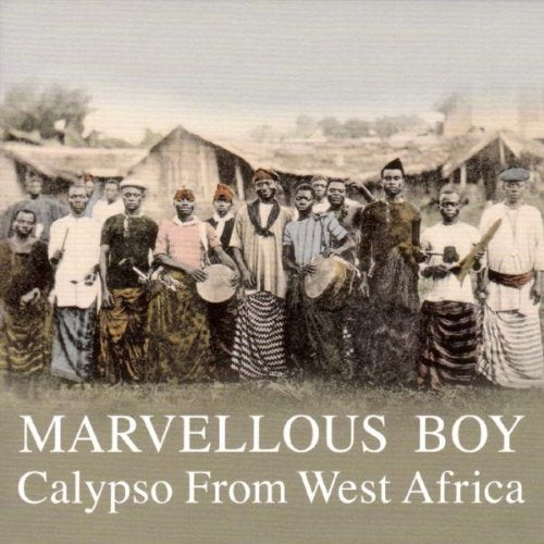 Vintage photo of a West African musical group with text overlay.