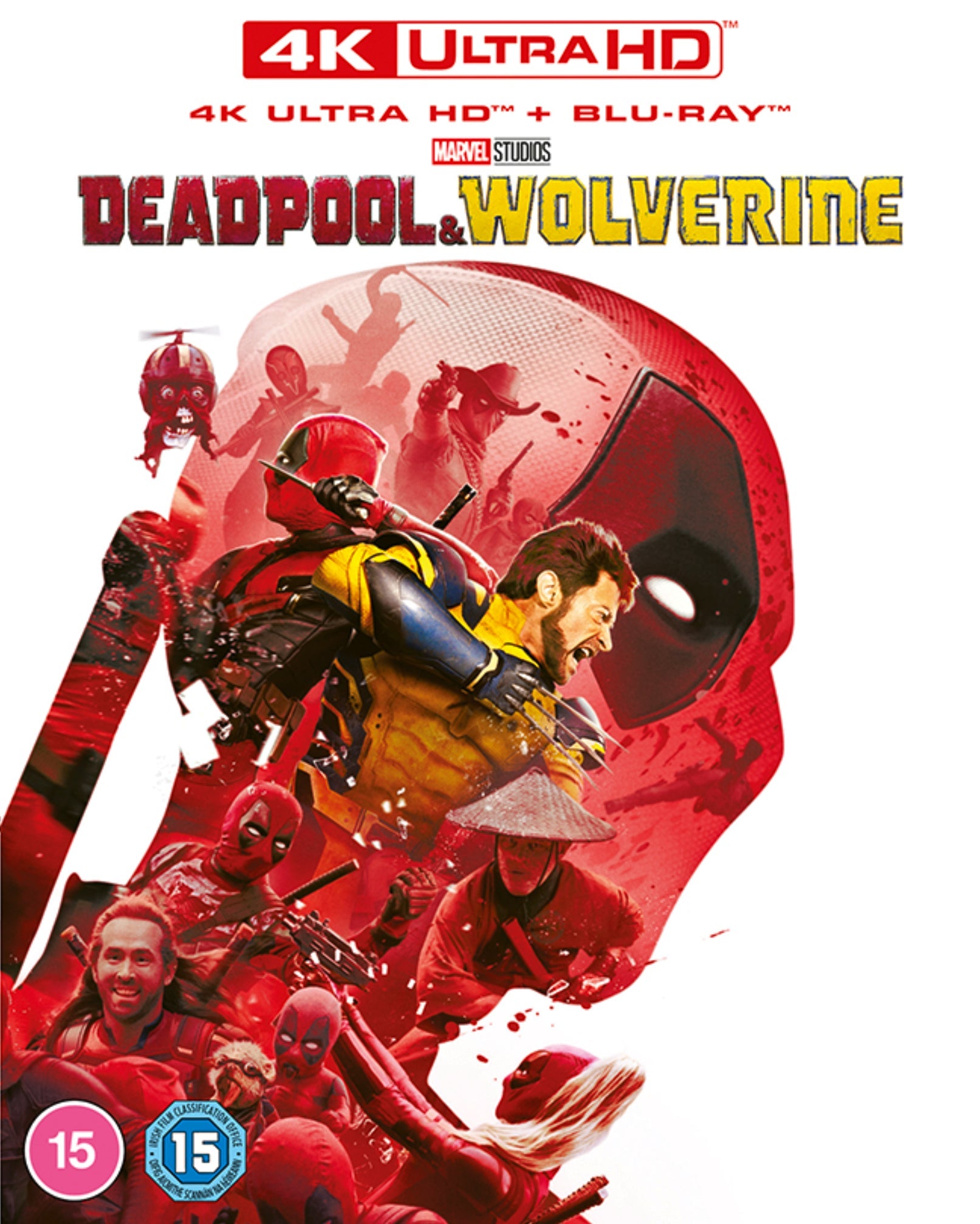 Deadpool & Wolverine movie cover with red and white character art.