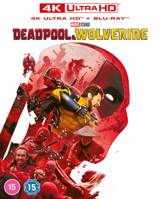Deadpool & Wolverine movie cover with red and white character art.