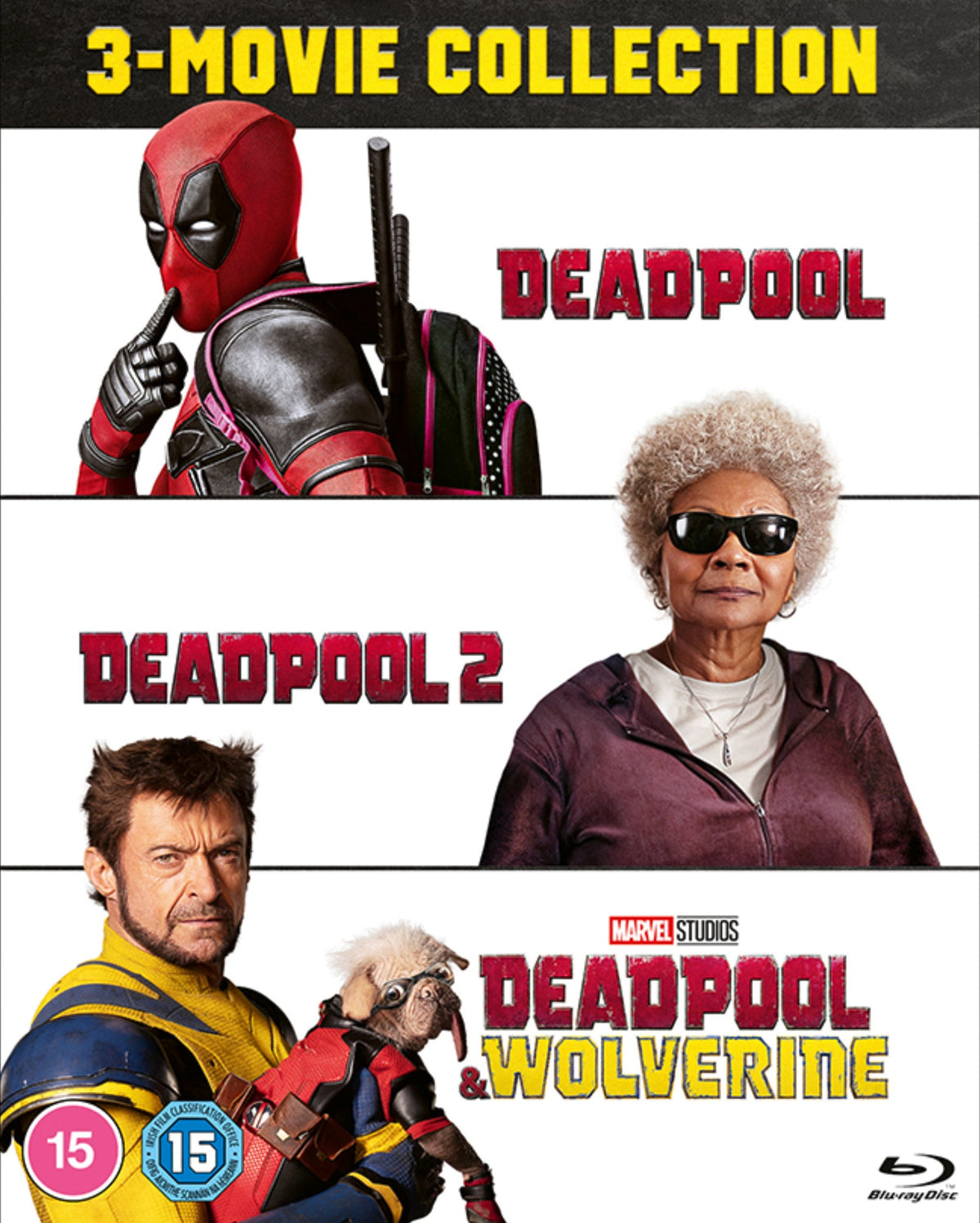 Deadpool Blu-ray triple pack cover featuring Deadpool, Wolverine, and other characters.