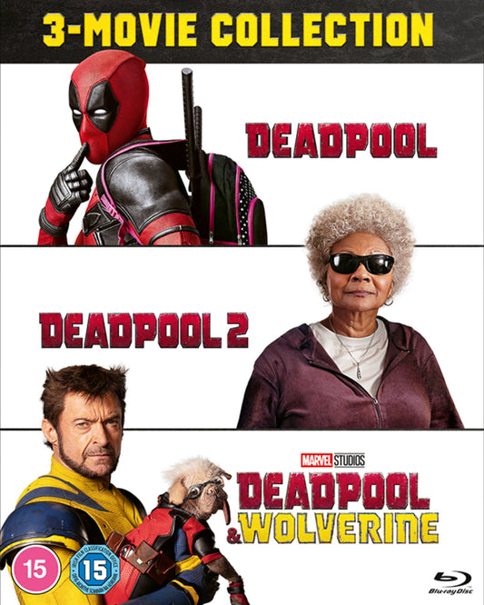 Deadpool Blu-ray triple pack cover featuring Deadpool, Wolverine, and other characters.