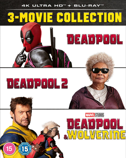 Deadpool movie collection Blu-ray cover featuring Deadpool, Wolverine, and Morena Baccarin.