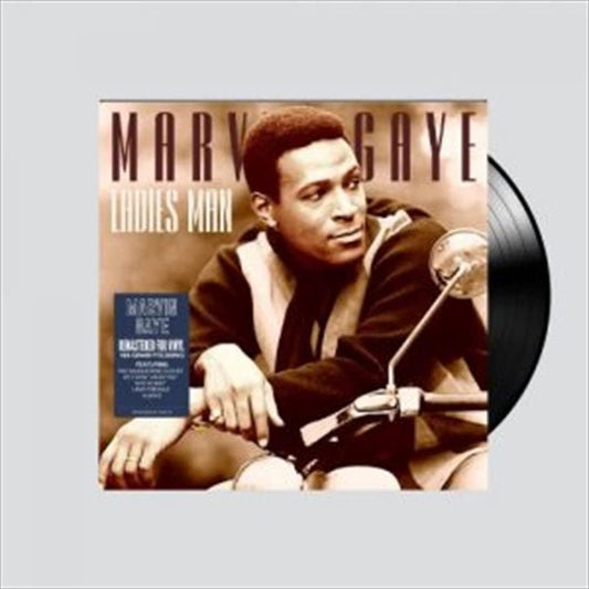 Marvin Gaye album cover, “Ladies Man”, with vinyl record side view.