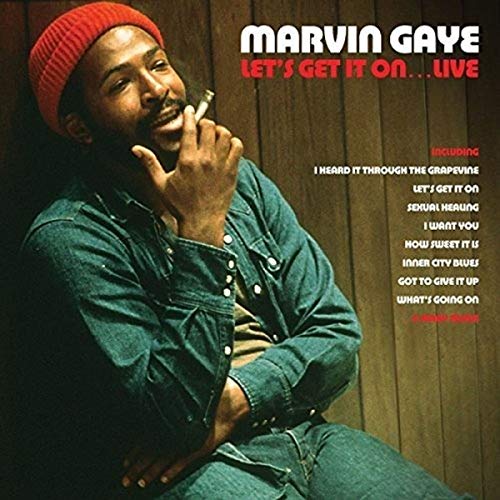 Marvin Gaye album cover, “Let’s Get It On…Live”, with a red beanie.