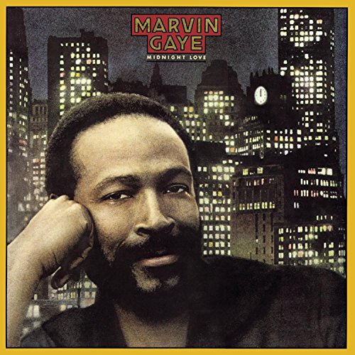 Marvin Gaye album cover, portrait with city skyline background.