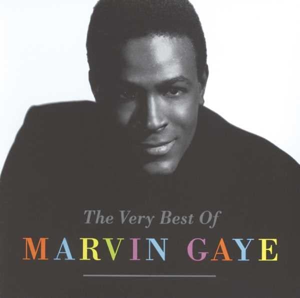 Black and white portrait of Marvin Gaye with colorful text on the album cover.