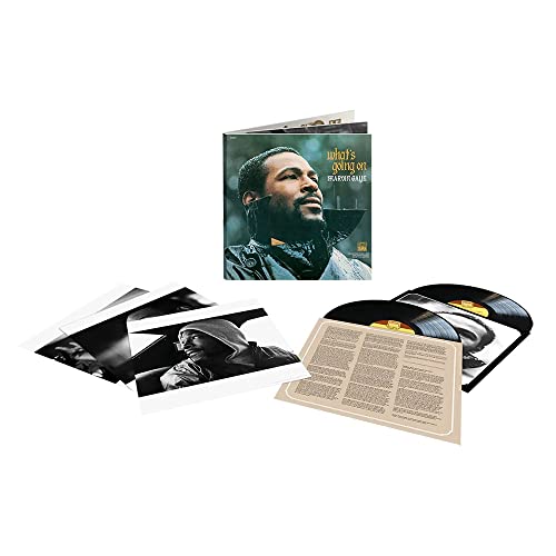 Marvin Gaye's "What's Going On" 50th Anniversary vinyl record set displayed.