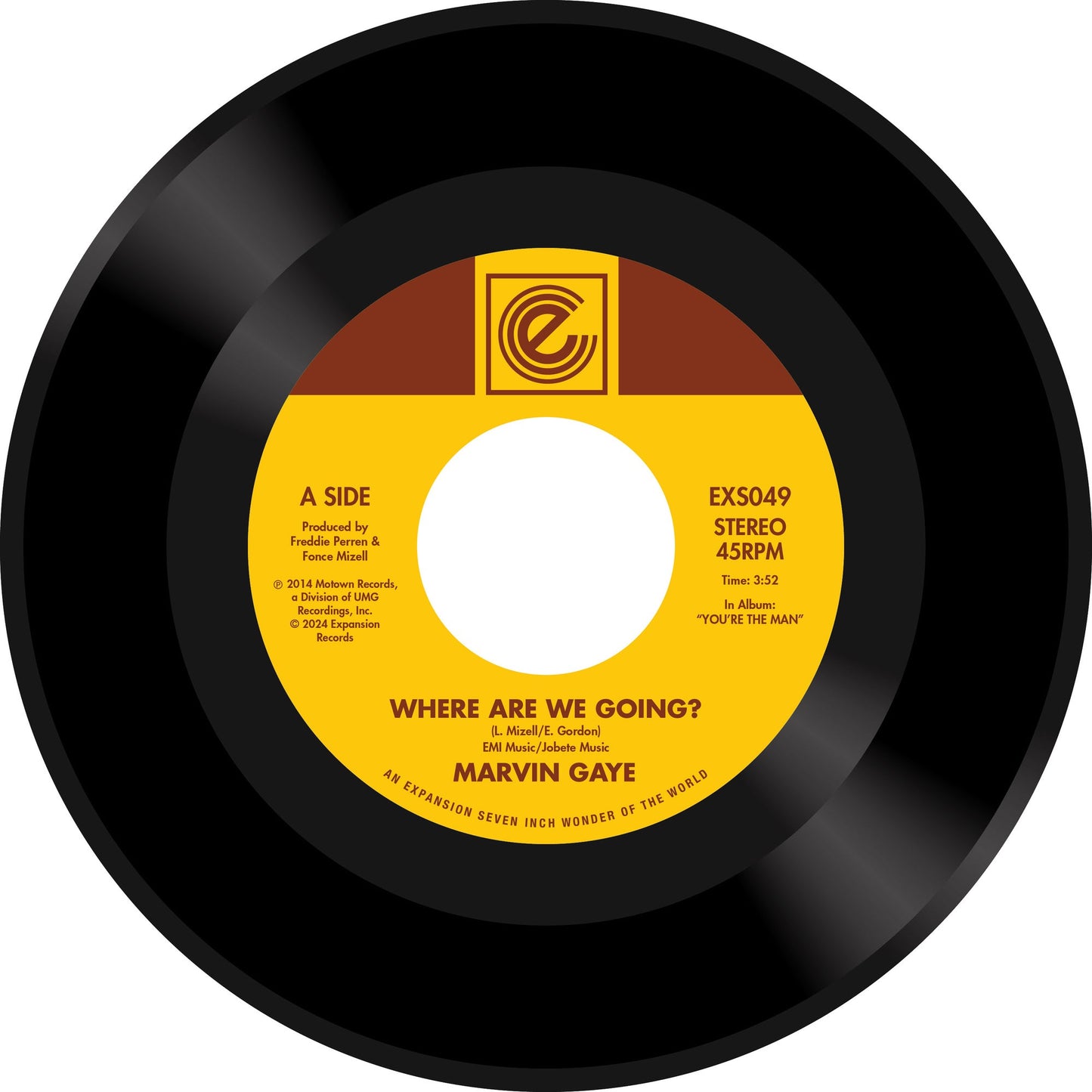 Yellow vinyl record label for Marvin Gaye’s “Where Are We Going?” single.