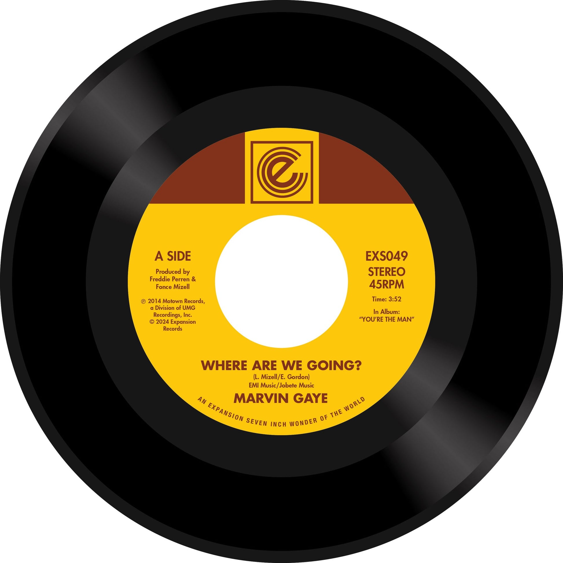 Yellow vinyl record label for Marvin Gaye’s “Where Are We Going?” single.