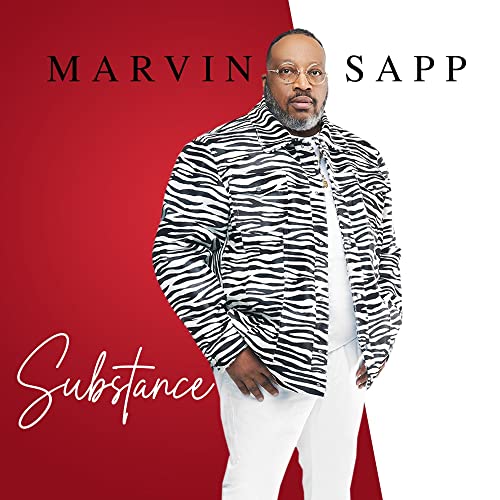 Marvin Sapp in a zebra-print jacket against a red and white background.
