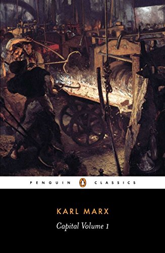 Book cover featuring an industrial painting of ironworkers, with title Capital Volume 1 below.