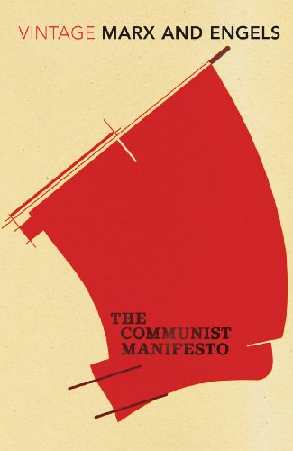 Book cover: "The Communist Manifesto" with red and beige abstract design.