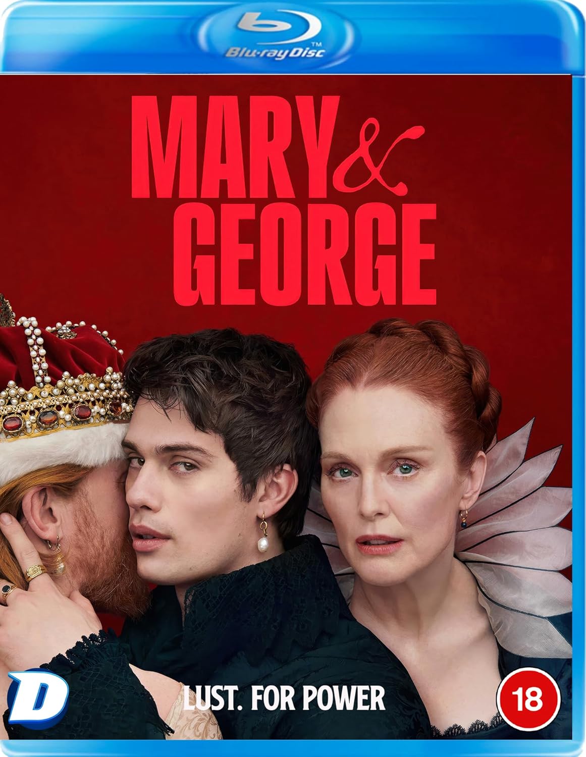 Blu-ray cover for Mary & George featuring three figures against a red background.
