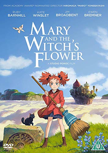 DVD cover for “Mary and The Witch’s Flower” featuring a young girl with a broom.