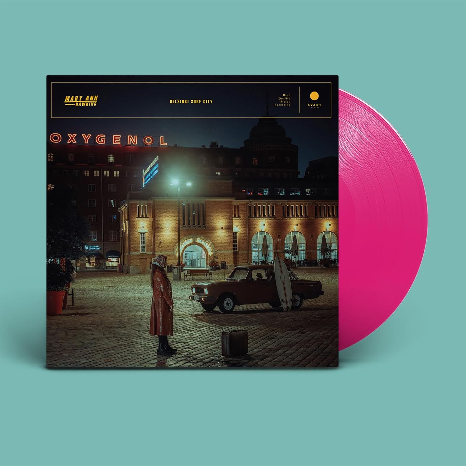 Vinyl record cover featuring a building, car, and figure in red coat.