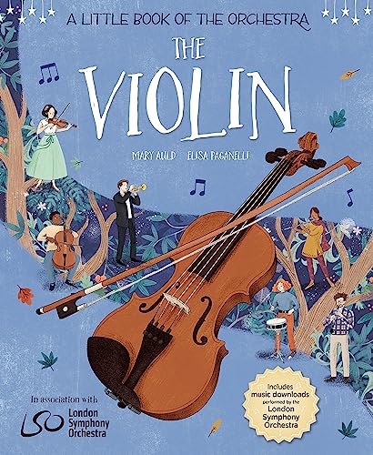Book cover featuring a large violin illustration surrounded by small figures playing orchestral instruments.