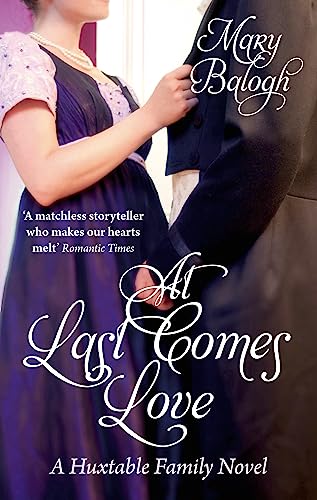 Romance novel cover: couple embracing, title “At Last Comes Love” by Mary Balogh.
