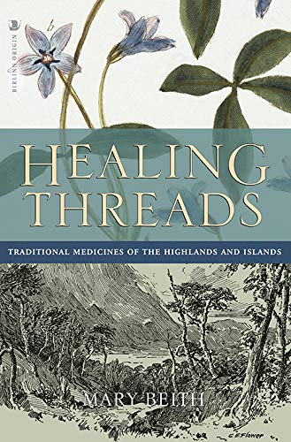 Book cover with botanical illustrations and title "Healing Threads" in gold lettering on blue banner.