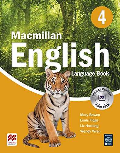 Textbook cover with "Macmillan English 4" title and a tiger image.