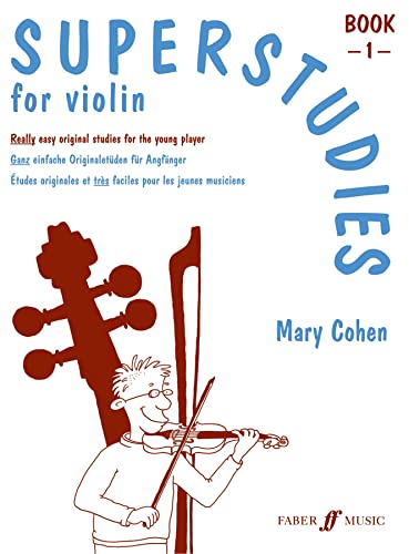 “Superstudies for Violin Book 1” cover with cartoon violinist and red violin.