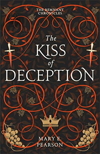 Book cover: “The Kiss of Deception” with ornate red designs and a crown.