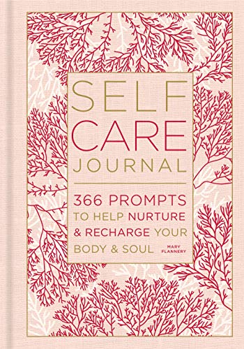 Pink journal with red coral pattern and “Self Care Journal” title.