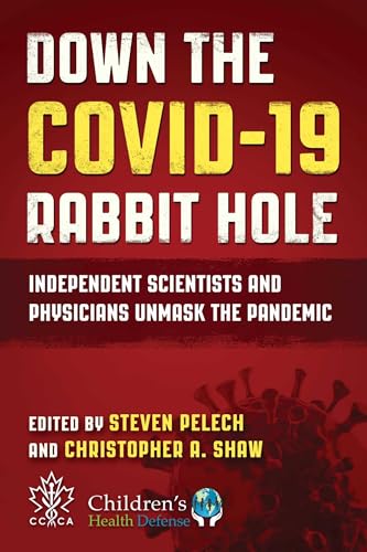 Book cover with red background, bold yellow title: "Down the COVID-19 Rabbit Hole".