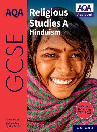 Textbook cover featuring a smiling woman and title "AQA GCSE Religious Studies A Hinduism".