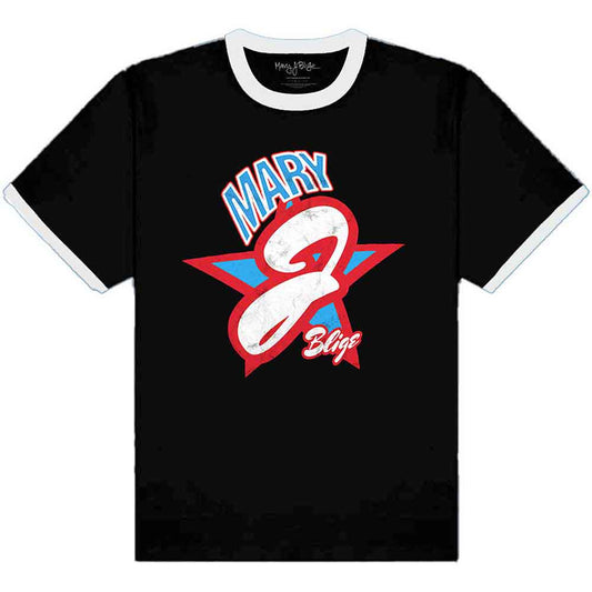 Large ringer t-shirt featuring Americana-style graphic of Mary J Blige.