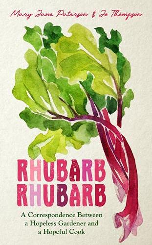 Book cover featuring a watercolor painting of rhubarb stalks and leaves.