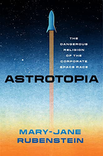 Book cover: "Astrotopia" with a rocket image and blue-orange gradient background.