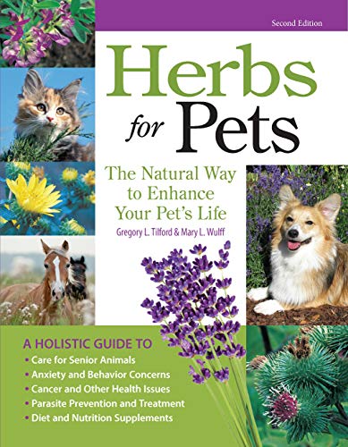 Book cover featuring pets and herbs, titled "Herbs for Pets.