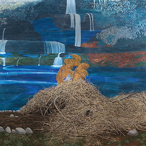 Painting of a pile of dry branches before a blue waterfall and river landscape.