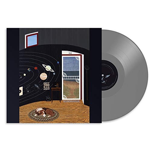 Vinyl record with album art depicting a room, planets, and a dog.