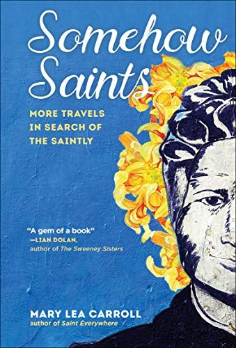 BookSSaints book cover withSC-blue background with a stylized portrait and yellow flowers.