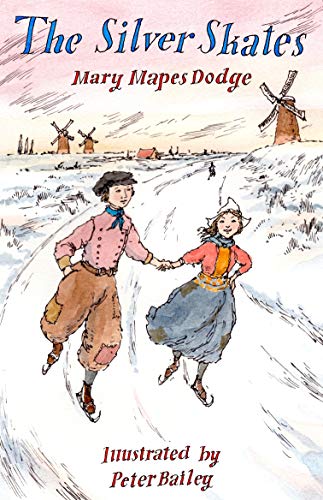 Book cover illustration of two children ice skating in a snowy landscape with windmills.