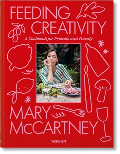 Red cookbook cover featuring Mary McCartney with food and sketched illustrations.