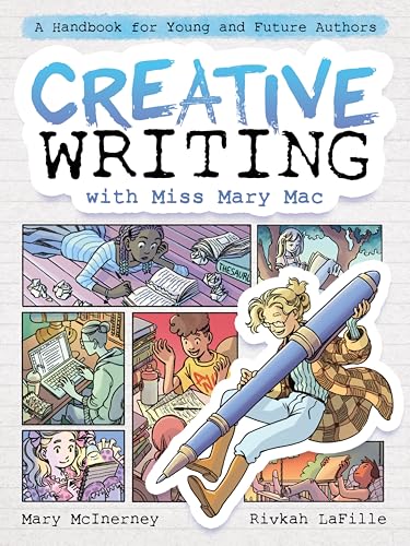 Book cover with colorful illustrations of children writing and a large pen.