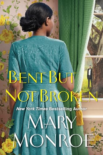 Book cover: woman in teal dress, floral wallpaper, man in distance.