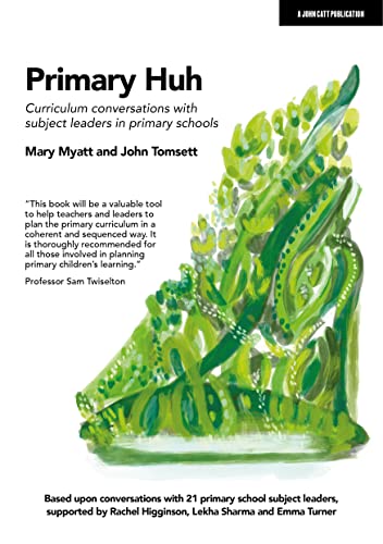 Book cover: “Primary Huh” with green foliage and text details.