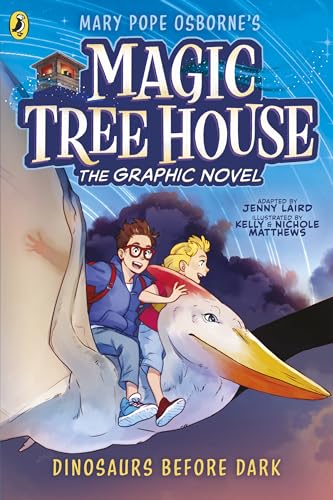 Book cover featuring two children riding a pterodactyl.