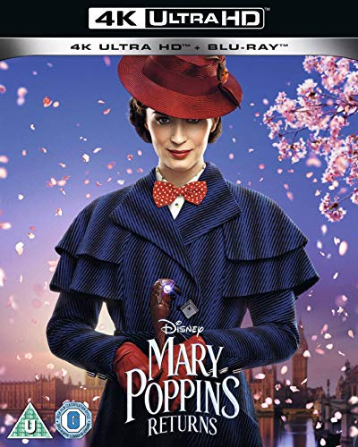 Mary Poppins Returns" 4K UHD Blu-ray cover featuring Emily Blunt as Mary Poppins.