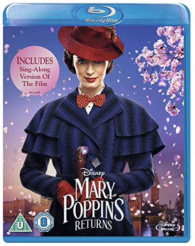 Mary Poppins in a red coat and hat, holding a parrot-handled umbrella.