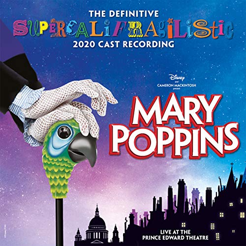 "CD cover for Mary Poppins featuring a parrot on a pole against a city skyline."
