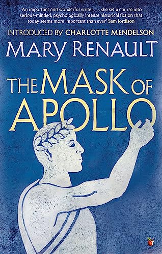 Book cover: "The Mask of Apollo" by Mary Renault, featuring a blue-toned illustration.
