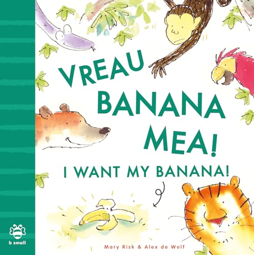 Bilingual children's book cover with illustrations of a monkey, parrot, snake, tiger, and banana.