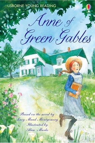 Book cover: Anne of Green Gables, featuring a house and girl with a book.